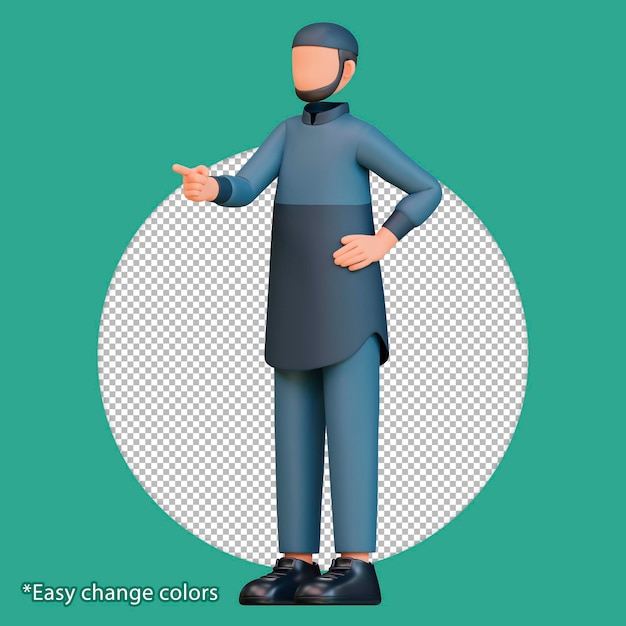 3d Render character muslim man pointing