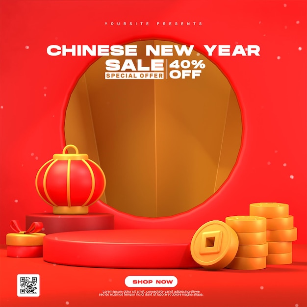 3d render Chinese new year background with podium for product display social media post