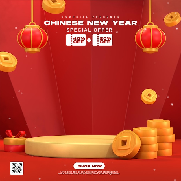 3d render Chinese new year background with podium for product display social media post