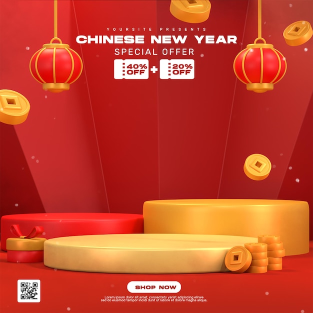 3d render Chinese new year background with podium for product display social media post