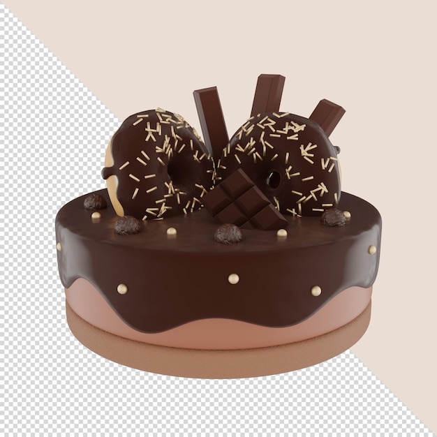 3d render chocolate cake with chocolate frosting and chocolate bars and doughnuts