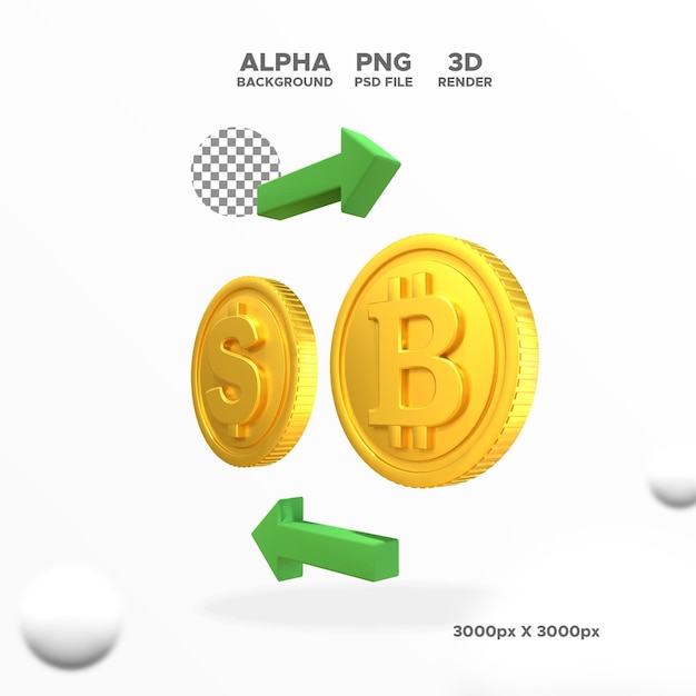 3d render coin exchange dollars to bitcoin icon for design illustration isolated object