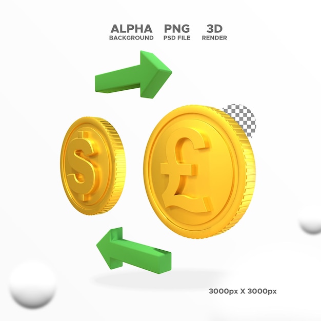 3d render coin exchange dollars to pound sterling icon for design illustration isolated object