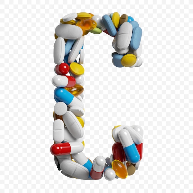 3d render of color pills and tablets alphabet letter c symbol isolated