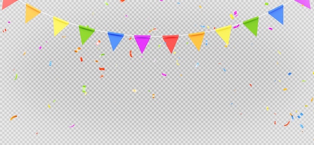 PSD 3d render of colorful flag garland with confetti flying