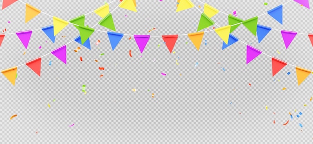 3d render of colorful flag garland with confetti flying