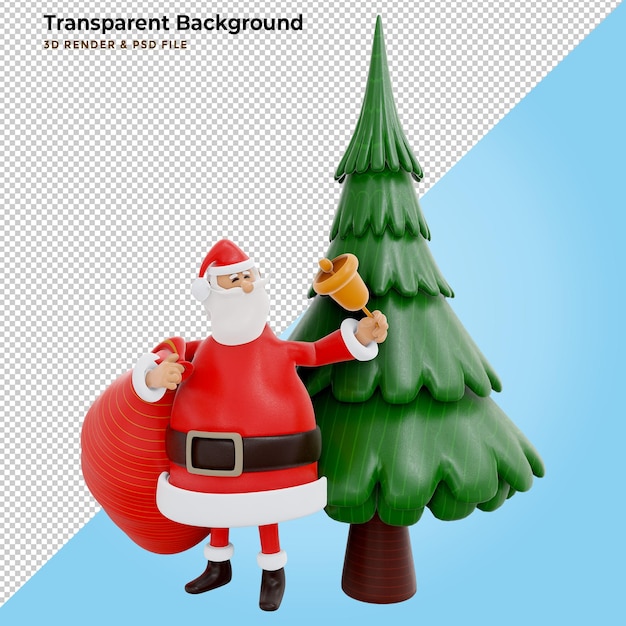 3D render concept illustration of Santa Claus character carrying giant red bag standing a pine tree with many gift box