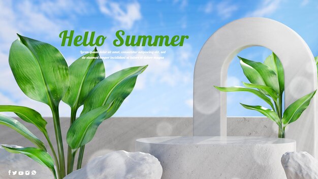 3d render of concrete podium with tropical plant summer concept for product display.