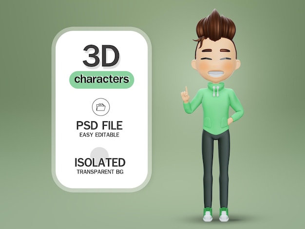 3d render  Confident boy pointing finger up