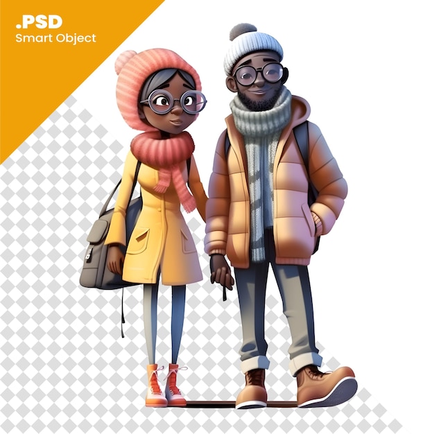 3D Render of a Couple in Winter Clothes with Backpacks PSD template