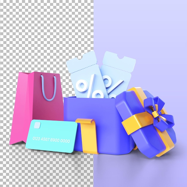 3d render coupon concept getting discount and gift from online shopping