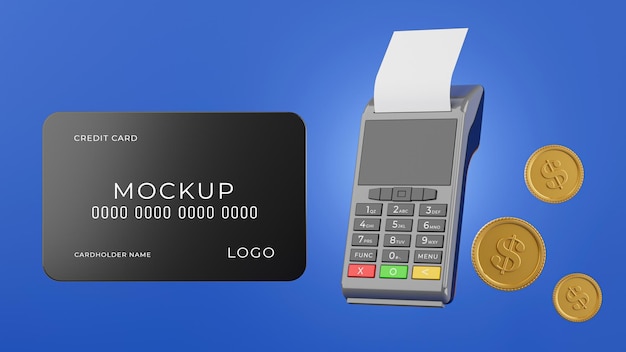 3d render of credit card reader operating payment process with shopping mockup