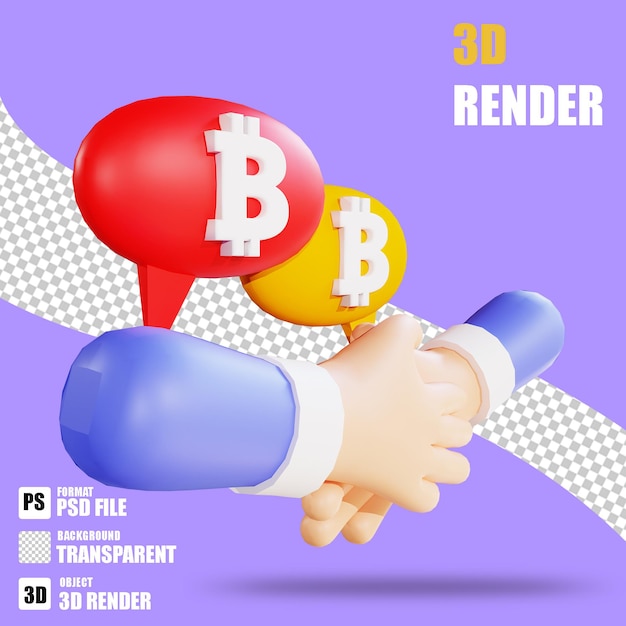 3D render cryptocurrency icon bitcoin agreement and hands 2 with trasparent background