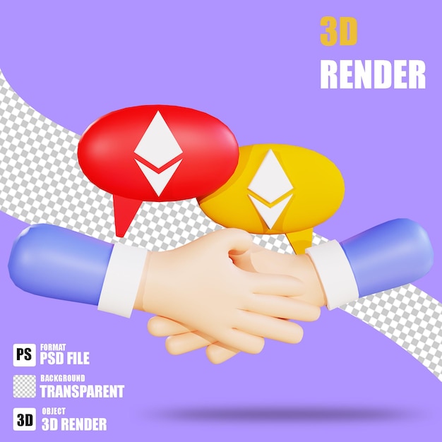 3D render cryptocurrency icon ethereum agreement 2 and hands 2 with trasparent background