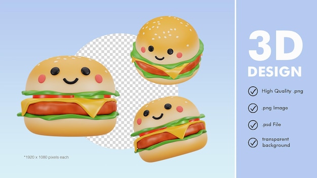 PSD 3d render of cute burger character set food icon