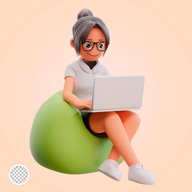 3d render cute business woman hold laptop