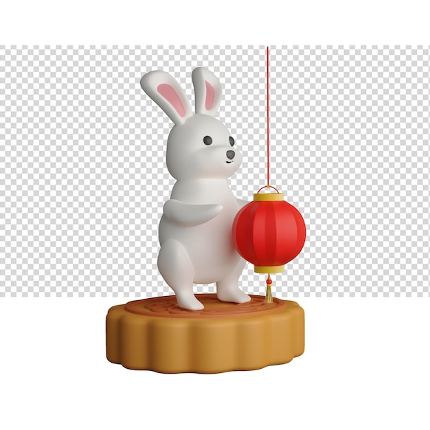 3D Render Of Cute Cartoon Bunny Standing On Mooncake With Hanging Lantern Over White Background