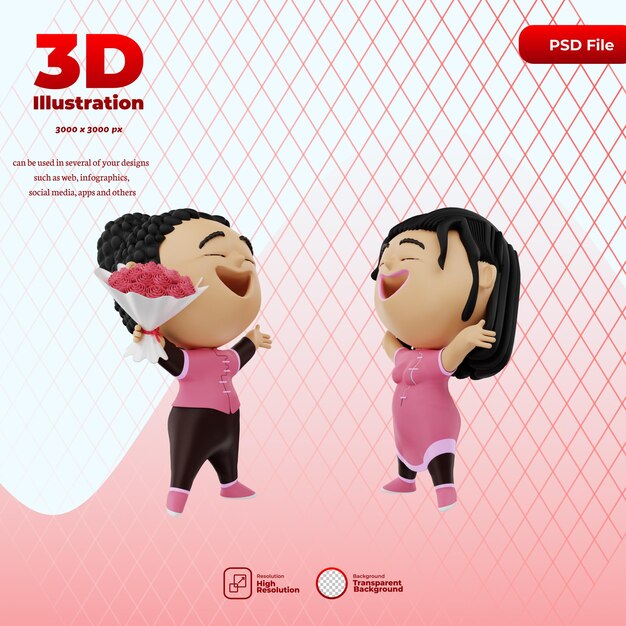 3d render cute character valentine day illustration