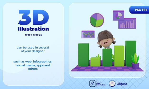 PSD 3d render cute character with business analytics