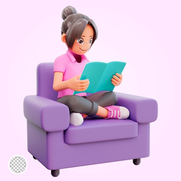 3d render cute girl sit crossed legs hold book studying at home