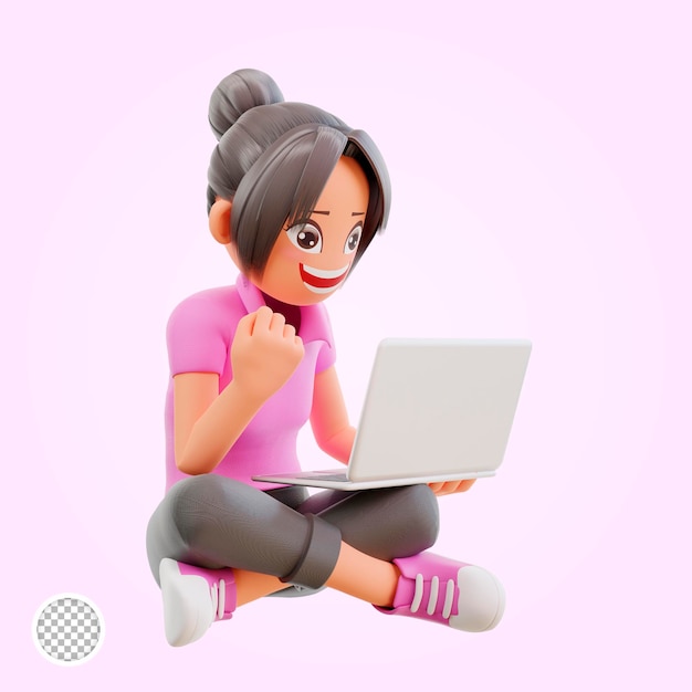 3d render cute girl sit crossed legs hold laptop studying at home excited learn new information stud