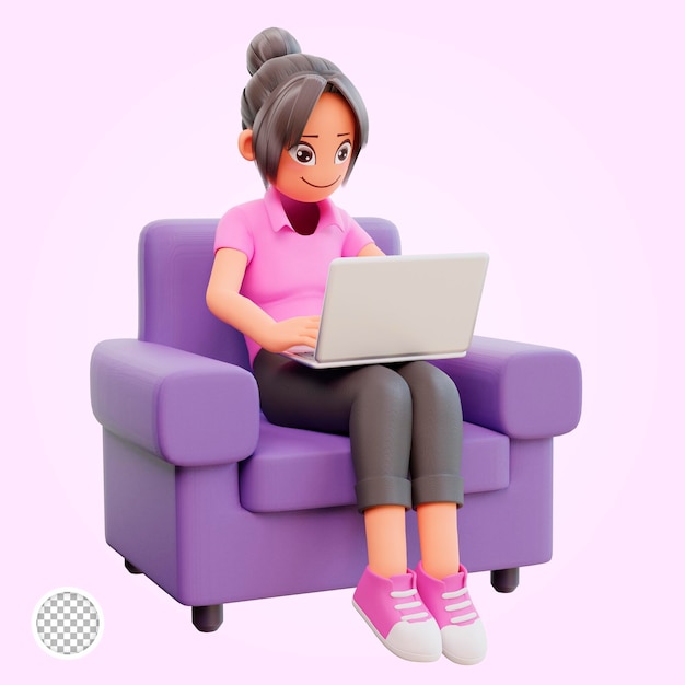 3d render cute girl sit crossed legs hold laptop studying at home