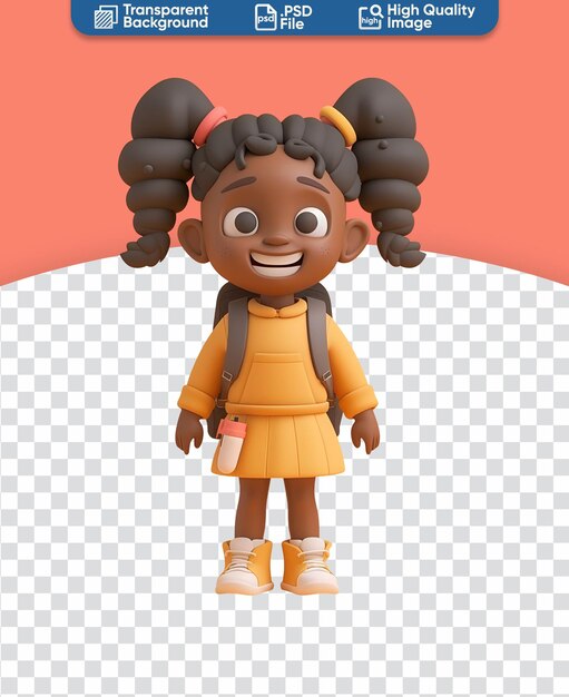 PSD 3d render of a cute and happy african girl chibi cartoon character going to school illustration