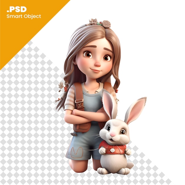 3D Render of a cute little backpacker with rabbit on white background PSD template