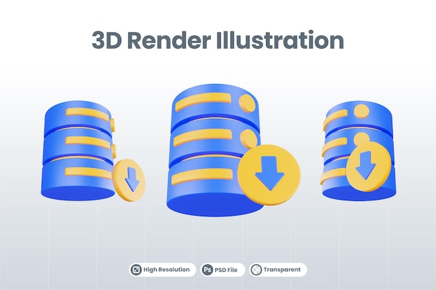 PSD 3d render database server icon with download icon isolated