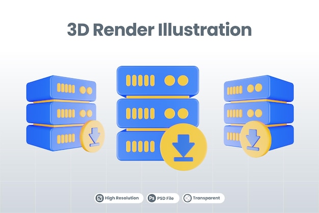 PSD 3d render database server icon with download icon isolated