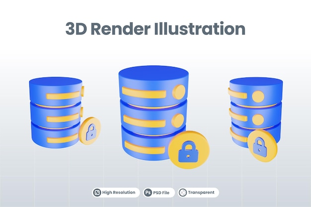 PSD 3d render database server icon with locked icon isolated