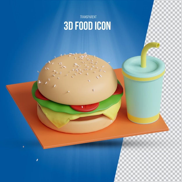 3d render delicious burger and cold drinks transparent icon isolated view