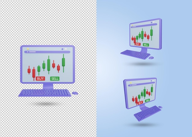 PSD 3d render of desktop computer with stock price candlestick chart on screen. buy and sell concept