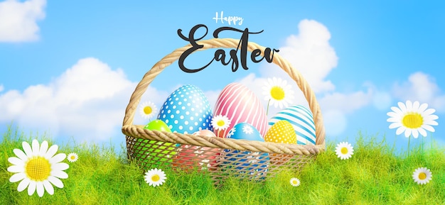 3d render of easter eggs in basket and grass field on sky background.