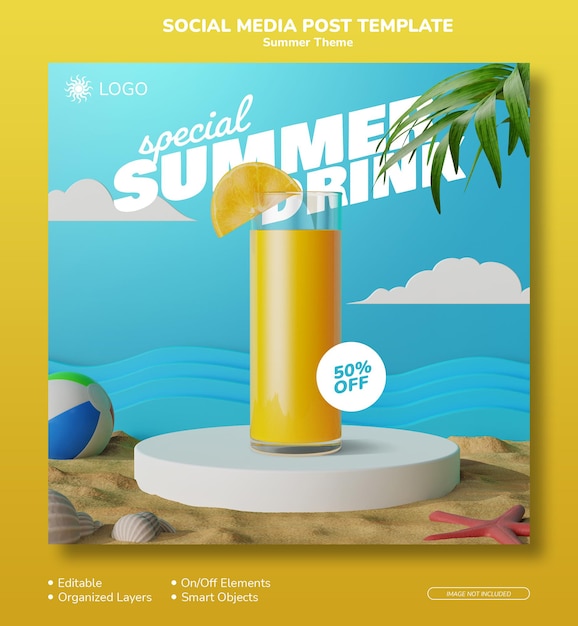 3d render elements summer beach instagram social media square post product promotion template