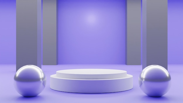 3D render empty podium with balls on purple background