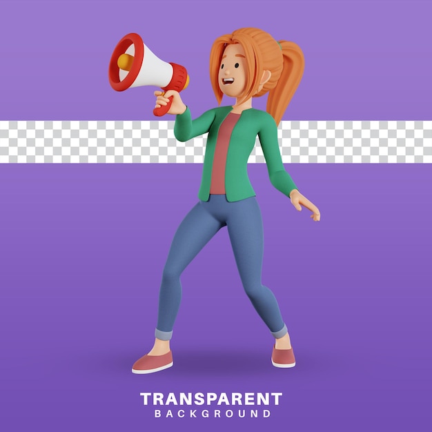 3d render female character holding megaphone