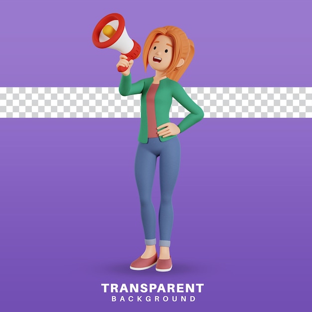 3d render female character holding megaphone