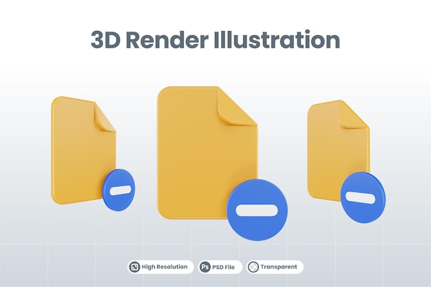 3d render file subtract icon with orange file paper and blue subtract