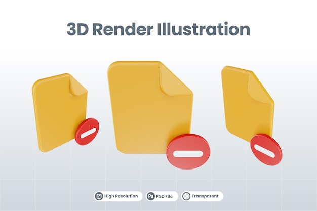 3d render file subtract icon with orange file paper and red subtract