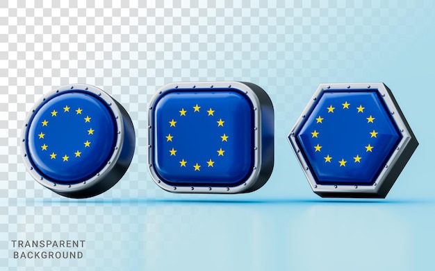 3d render Flag signs of European Union in three different shape frame circle square and hexagon