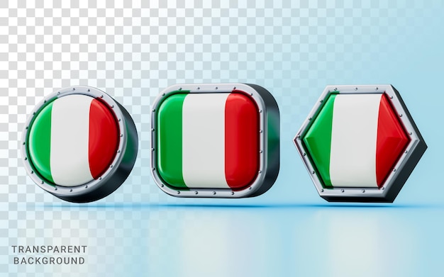 3d render Flag signs of Italy in three different shape frame circle square and hexagon