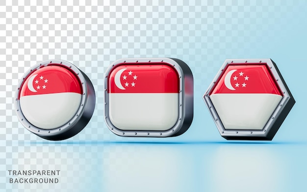 3d render Flag signs of Singapore in three different shape frame circle square and hexagon