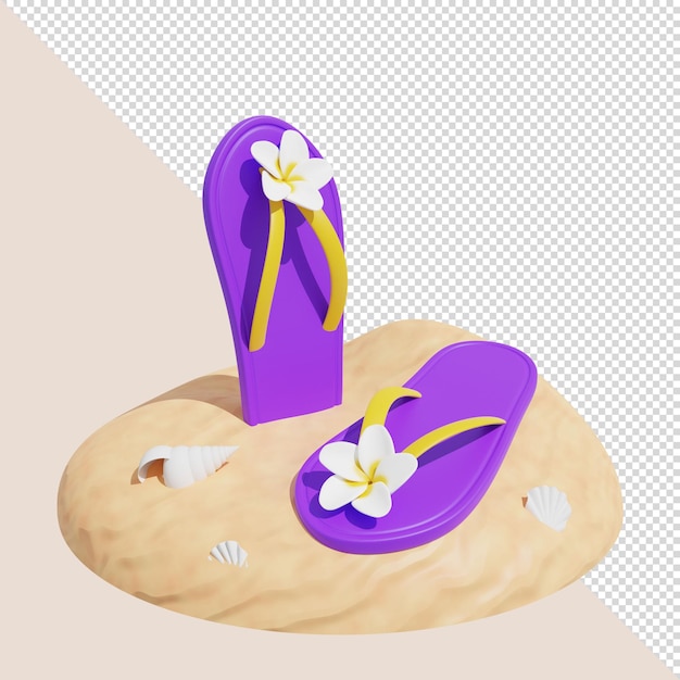 3D render of flip flops with tropical flower on the beach sand