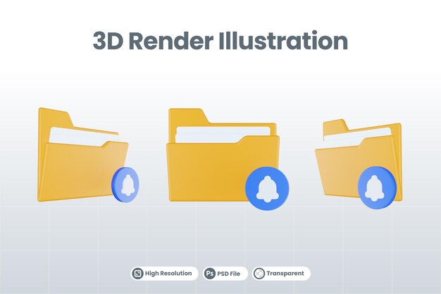 3d render folder bell icon with orange file folder and blue bell