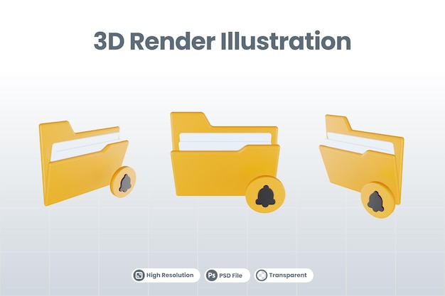 3d render folder bell icon with orange file folder and yellow bell