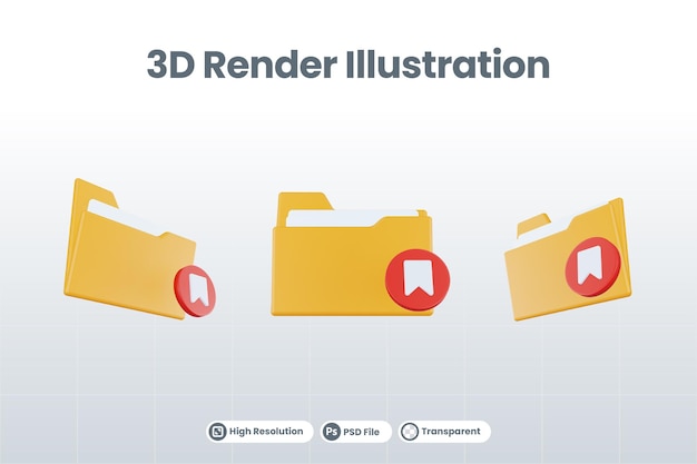 3d render folder bookmark icon with orange file folder and red bookmark