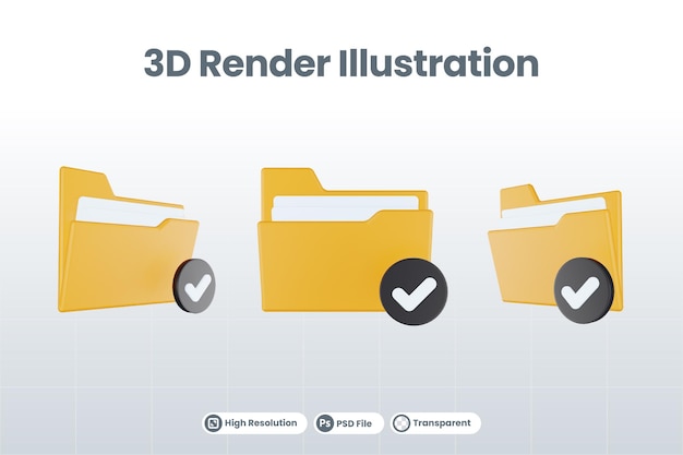 3d render folder check icon with orange file folder and black check