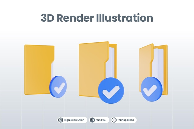 3d render folder check icon with orange file folder and blue check