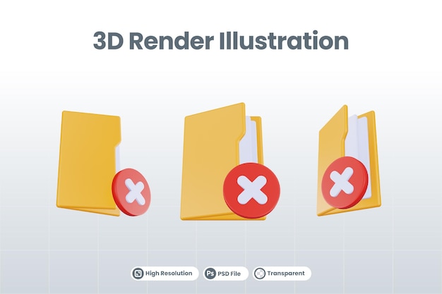 3d render folder cross icon with orange file folder and red cross